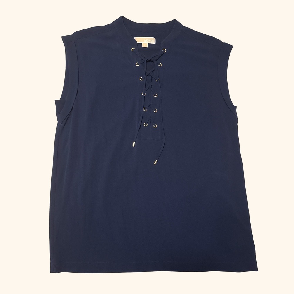 Michael Kors Navy Blue Lace Up Sleeveless Blouse Gold Grommet Top Large
